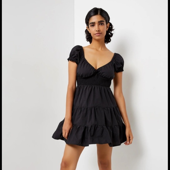 Ardene Open Tie Back Bustier Puff Sleeve Tiered Hem Black Mini Dress - Picture 2 of 4